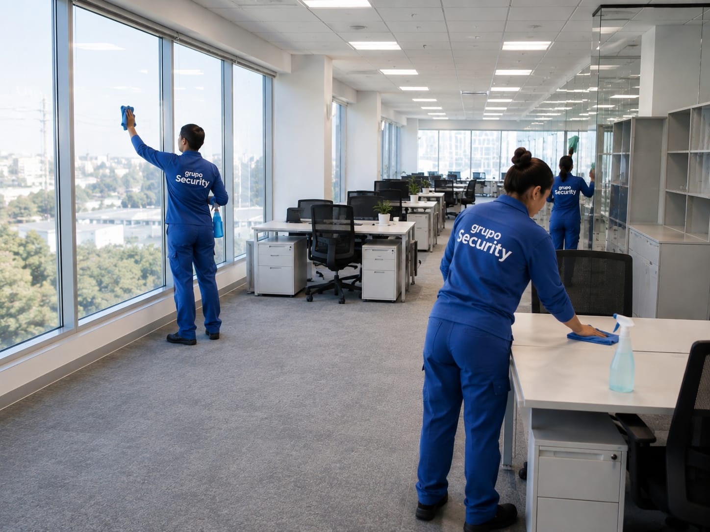 Personal de limpieza en un espacio de oficinas