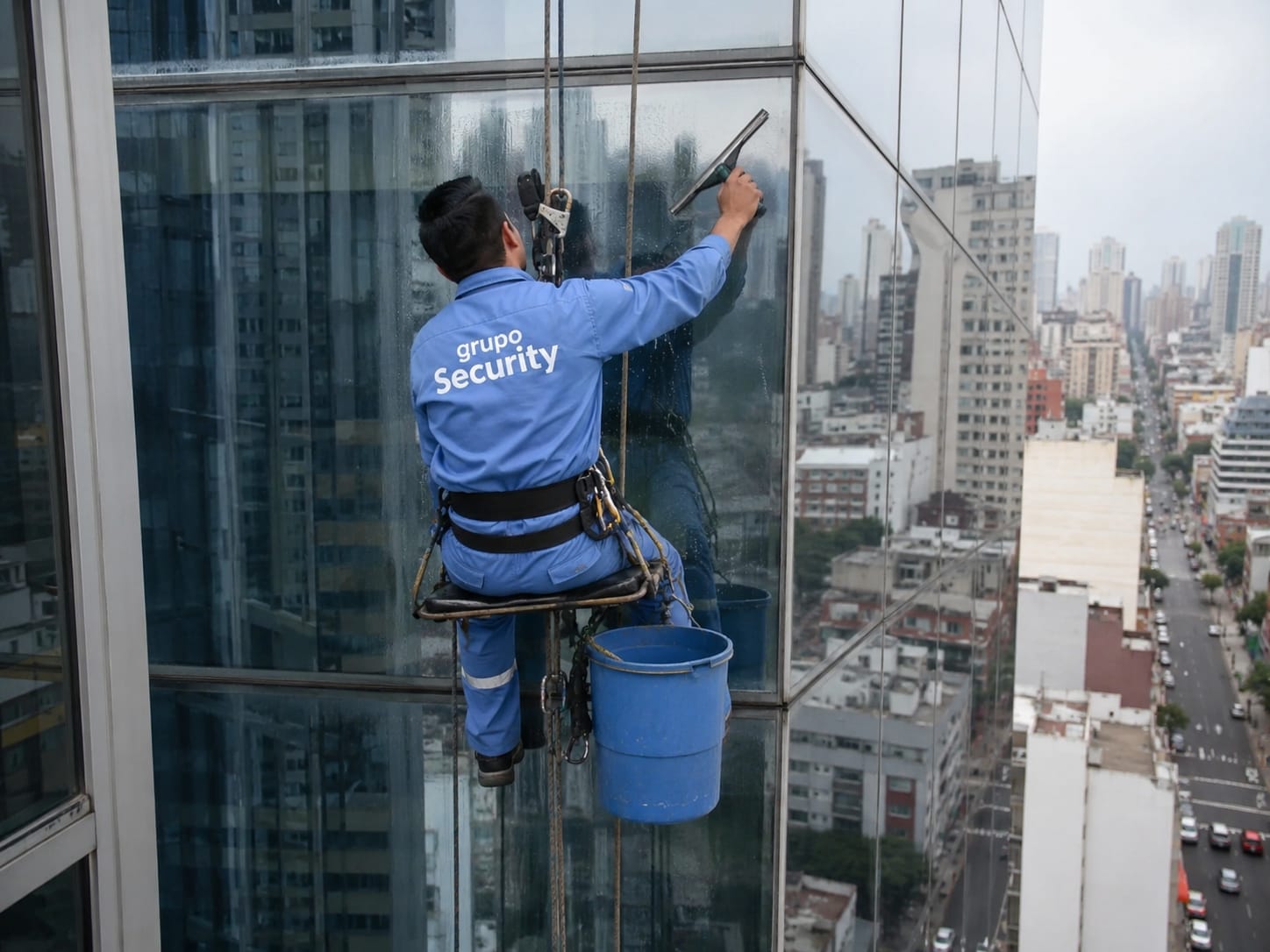 Profesional realizando limpieza de vidrios en altura
